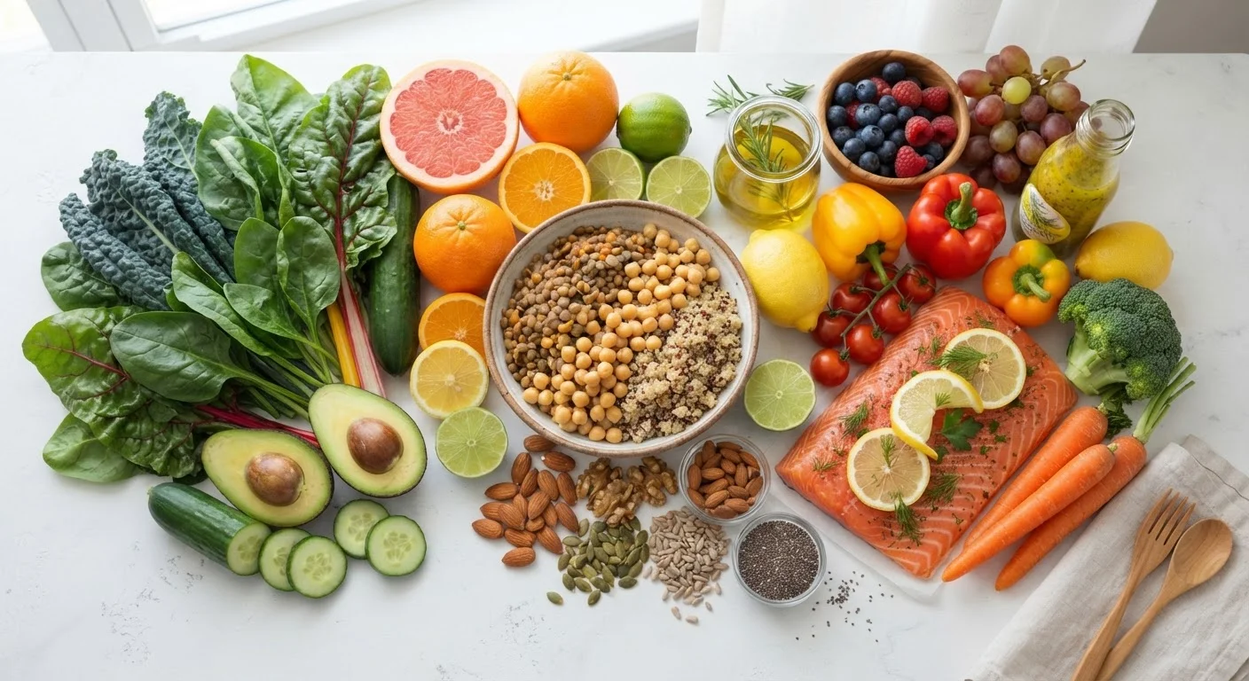 Colorful array of nutrient-dense whole foods including vegetables, fruits, nuts, and fish.