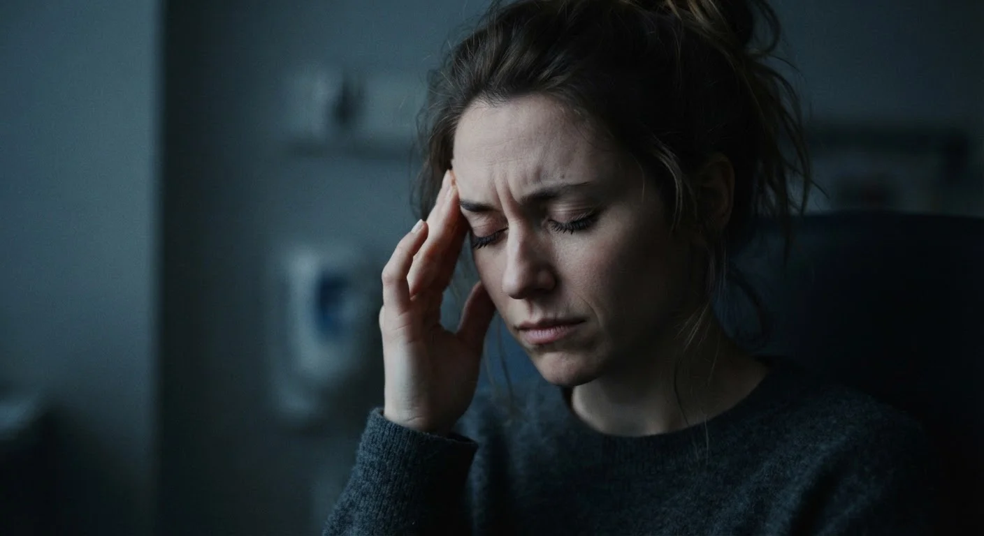 Person holding their temple in a dark room, experiencing migraine pain