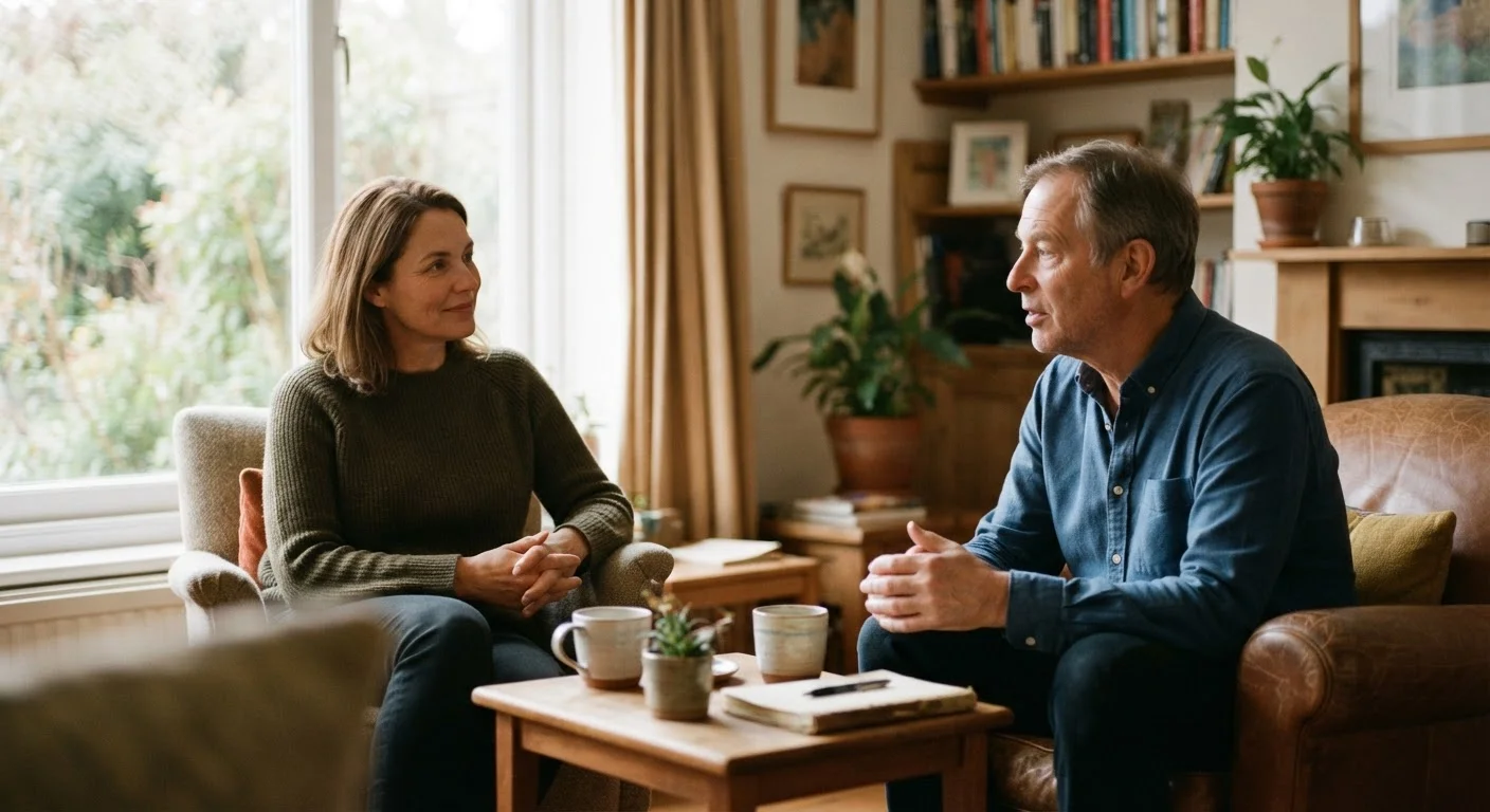 Two people engaged in attentive, mindful conversation in a calm, warmly lit space
