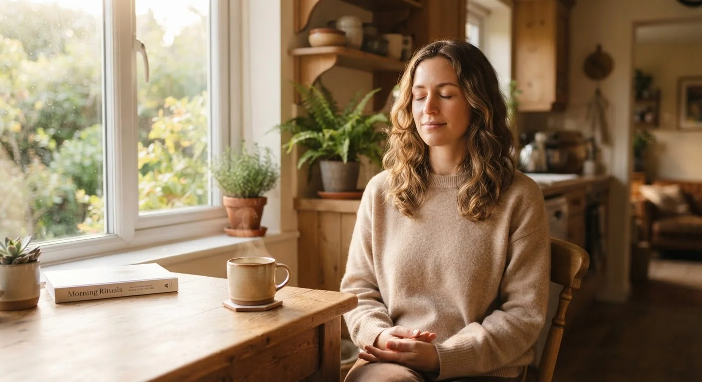 Person sitting peacefully at a kitchen table with coffee, practicing a brief morning mindfulness moment