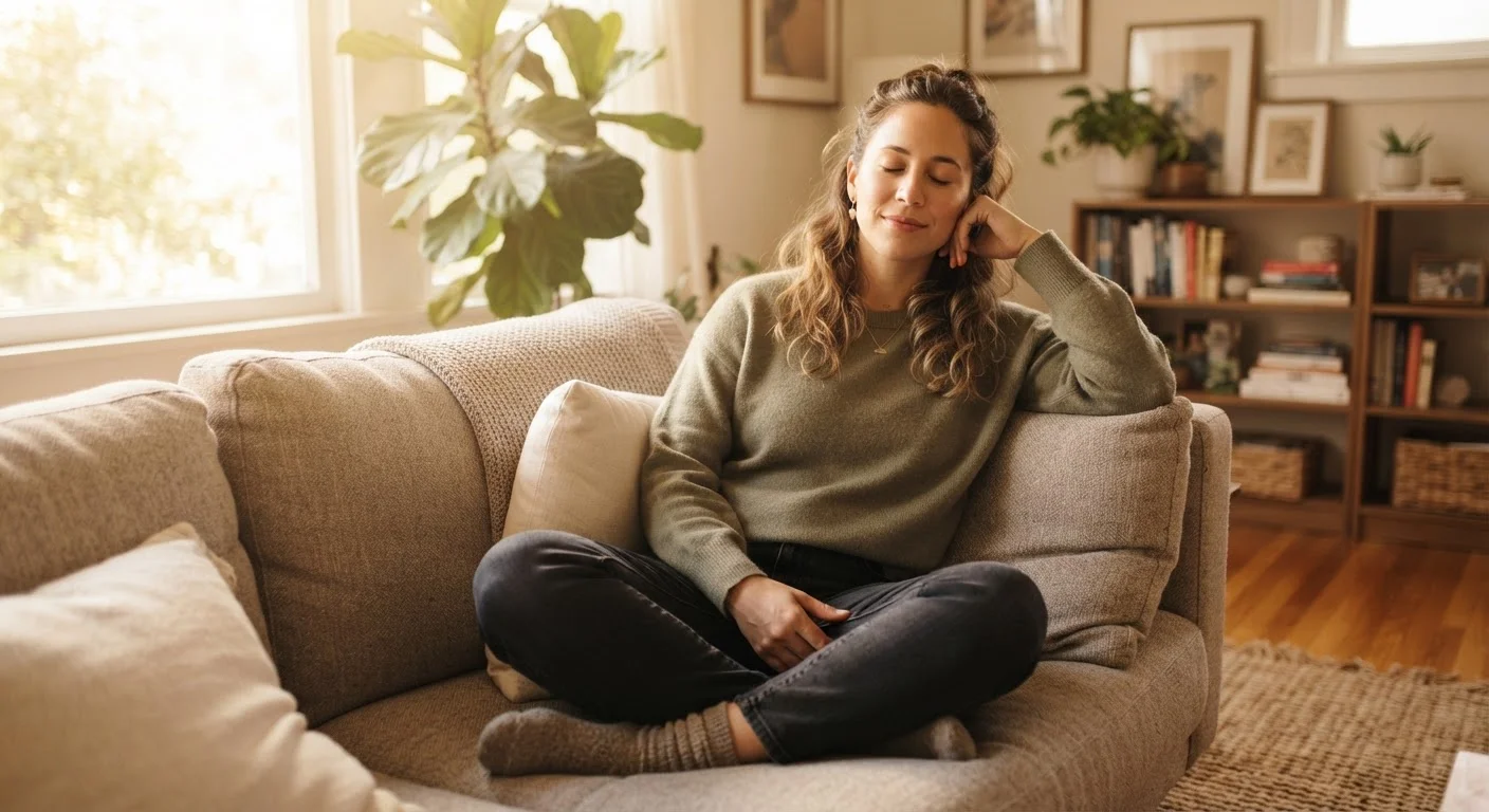 Adult sitting comfortably on a couch practicing mindfulness in everyday clothing