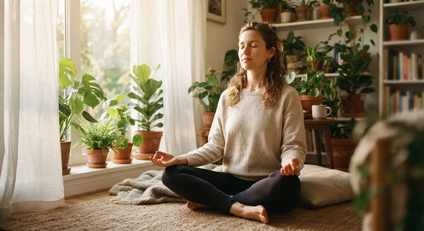 Adult sitting peacefully near a sunlit window in a mindful, relaxed posture