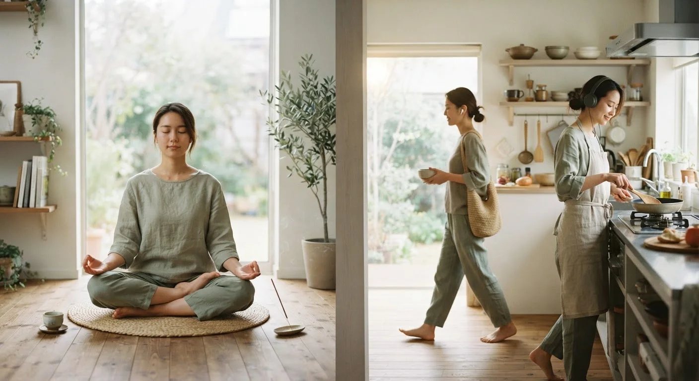 A person meditating on one side and engaging mindfully in daily activities on the other.