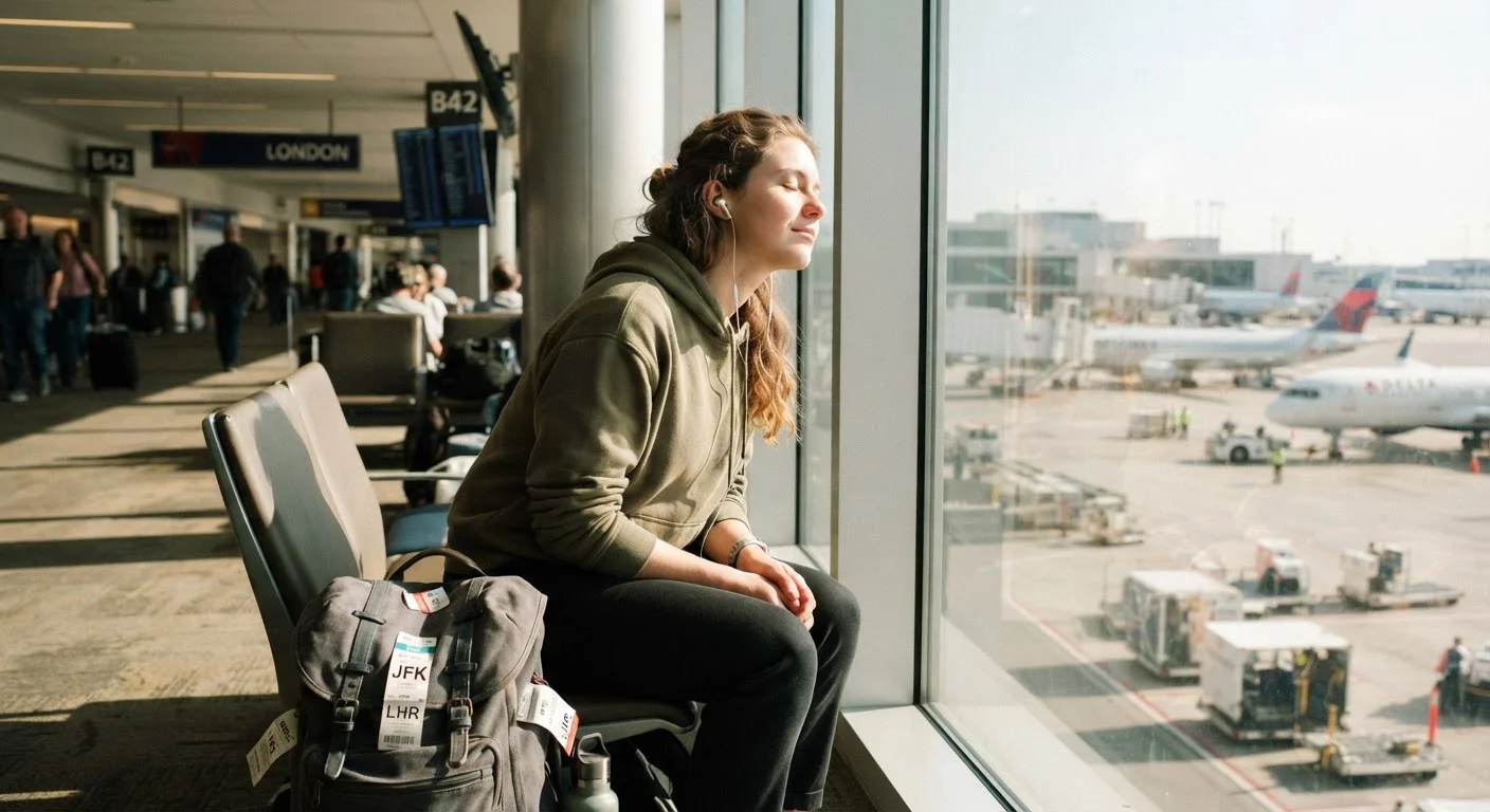 A traveler sitting quietly near an airport window, practicing mindfulness before a flight.