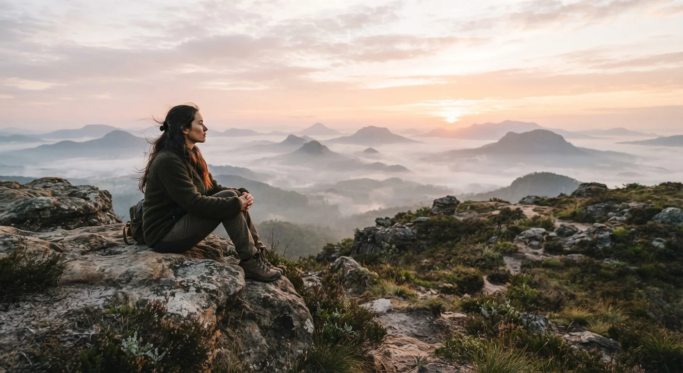 A person sitting on a hillside at dawn, gazing calmly toward a misty horizon