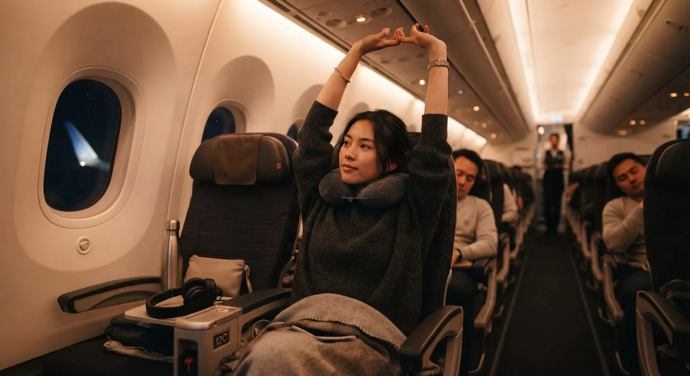 Passenger performing a seated stretch exercise in an airplane cabin during a long-haul flight