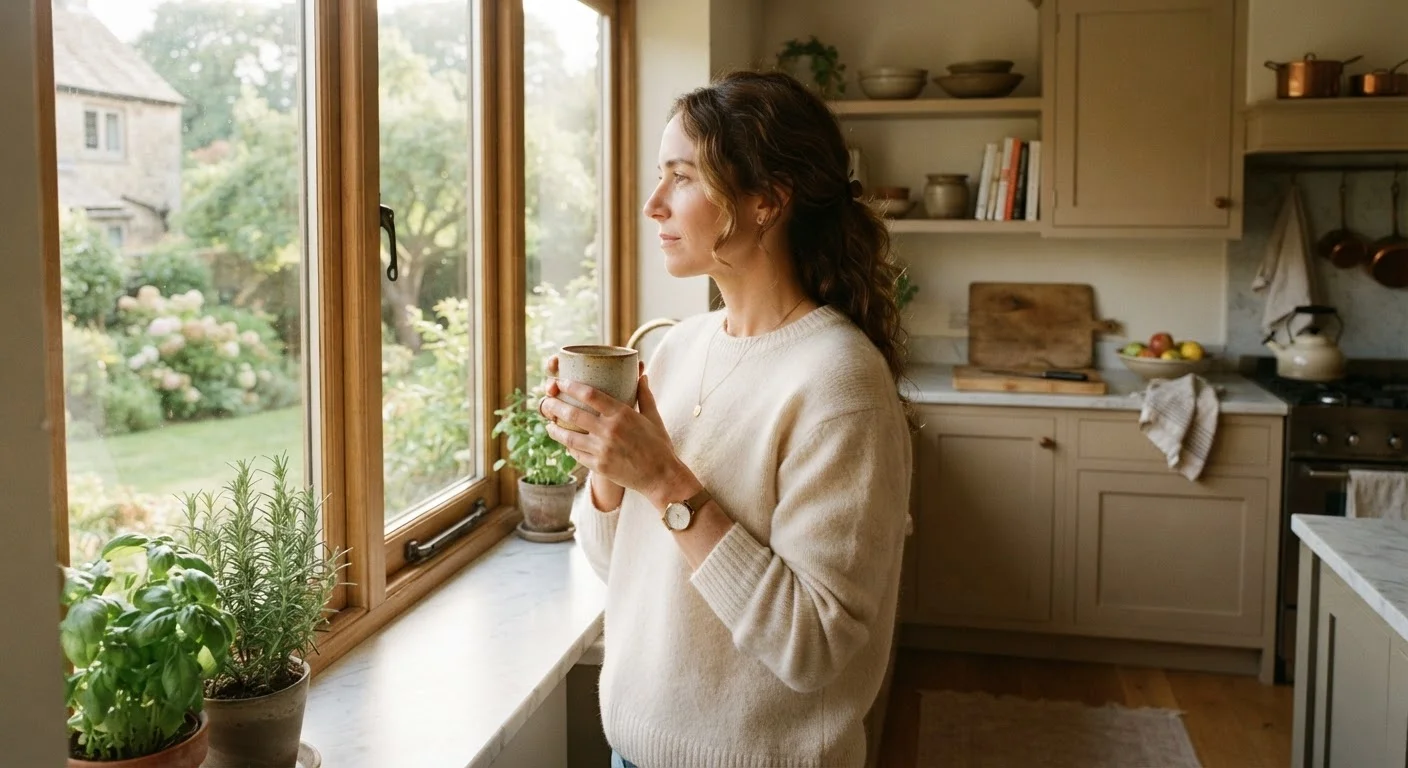 Person pausing mindfully with a coffee mug, looking out a sunlit morning window