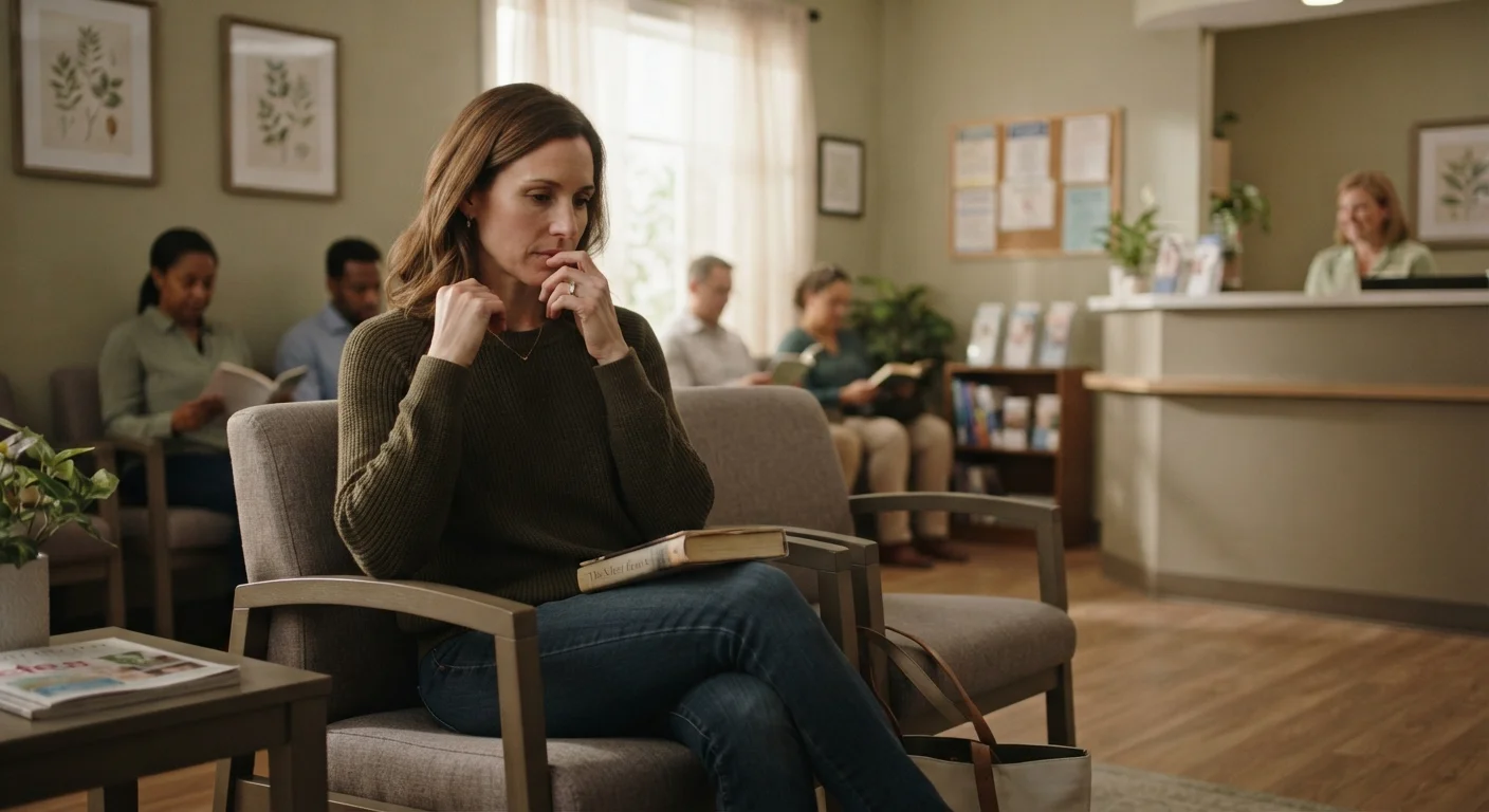 An adult sitting in a medical waiting room, appearing thoughtful and contemplative before an appointment.