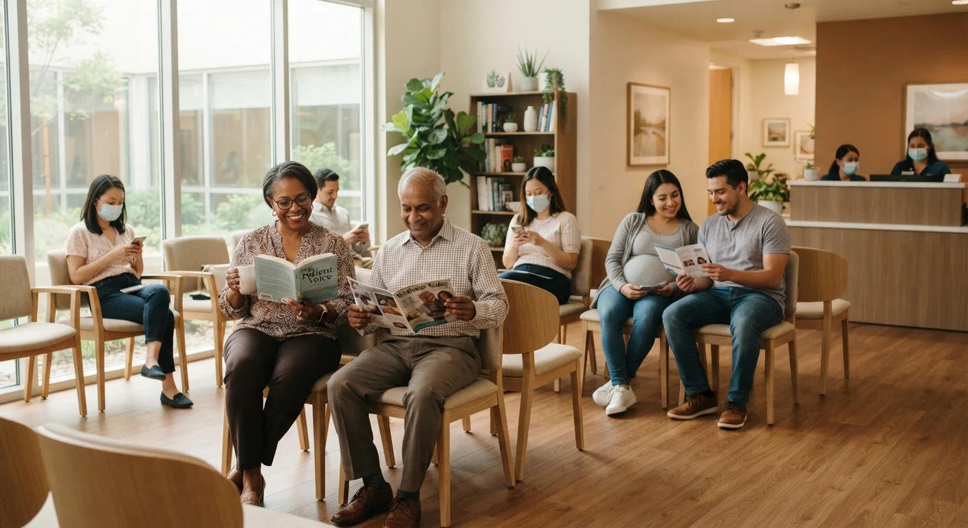 Diverse adults sitting calmly in a bright, modern medical clinic waiting room