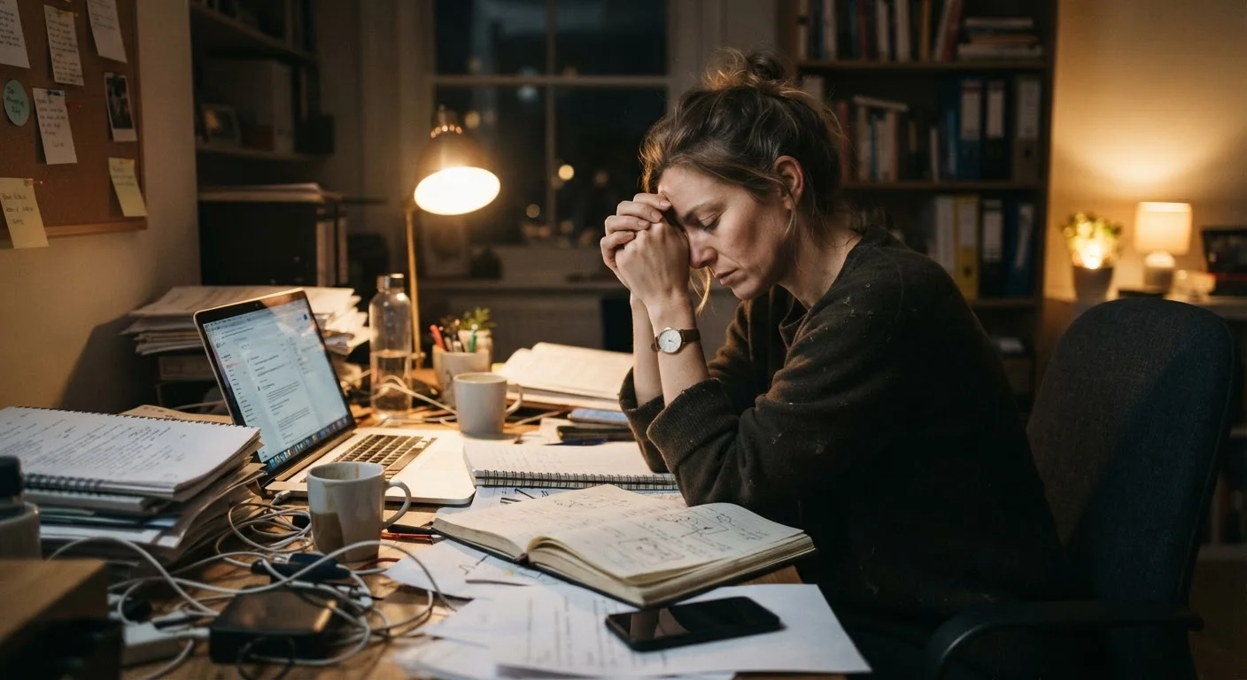 Tired adult resting head on hands at a desk covered with work materials