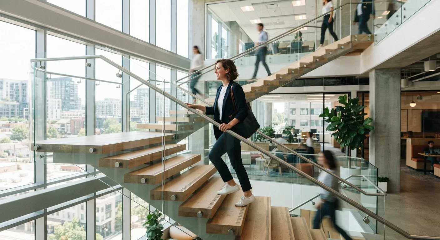 Person walking up a staircase in a well-lit modern office building