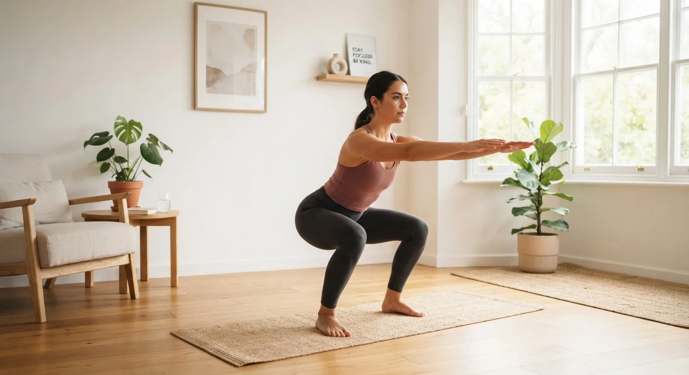Person doing a bodyweight squat in a sunlit living room with minimal furniture