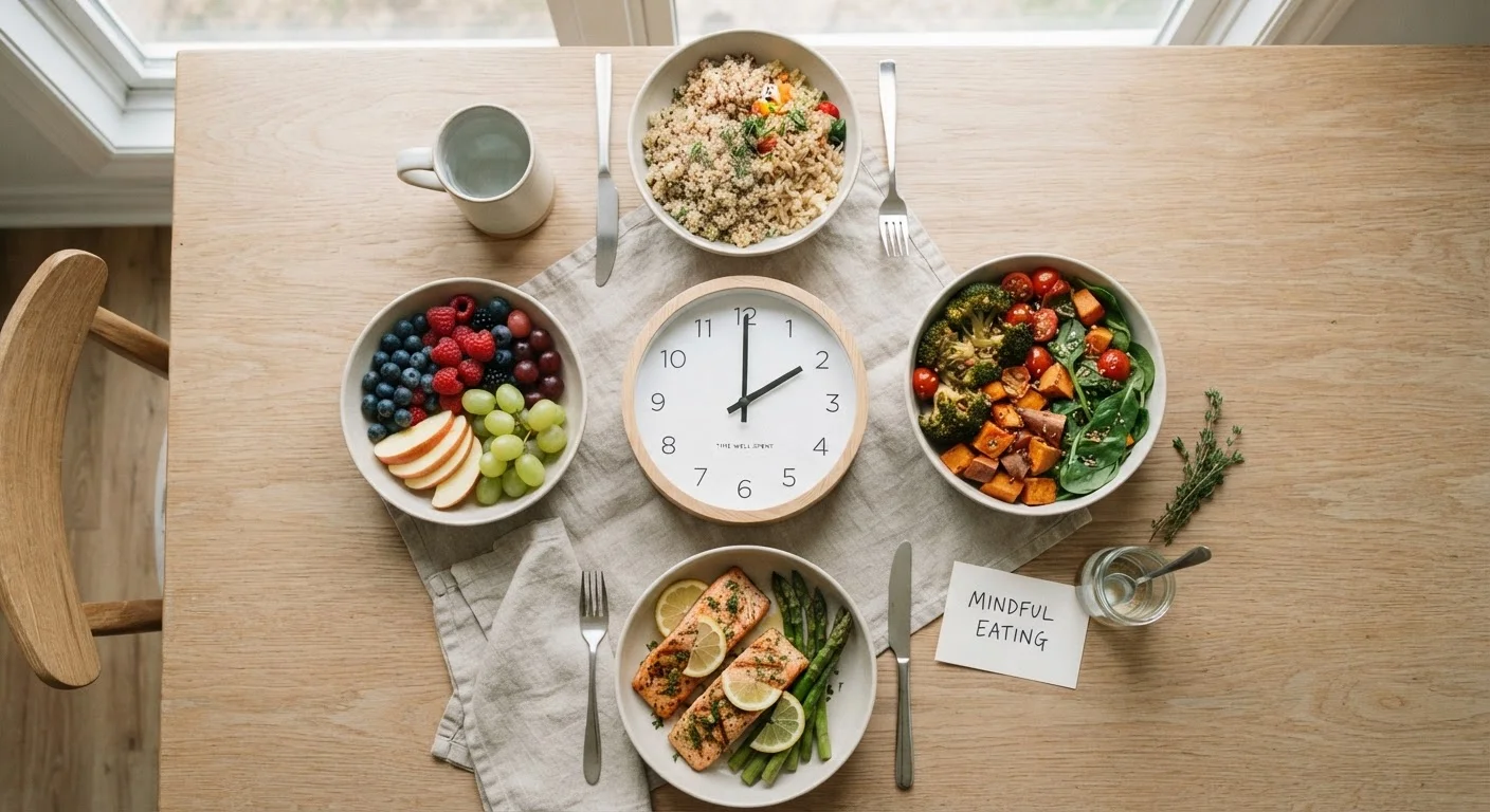 A clock surrounded by balanced meal components including vegetables, whole grains, and lean protein on a neutral background.