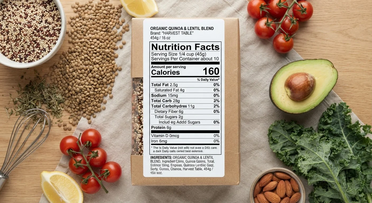 Close-up of a Nutrition Facts label on a food package surrounded by whole foods