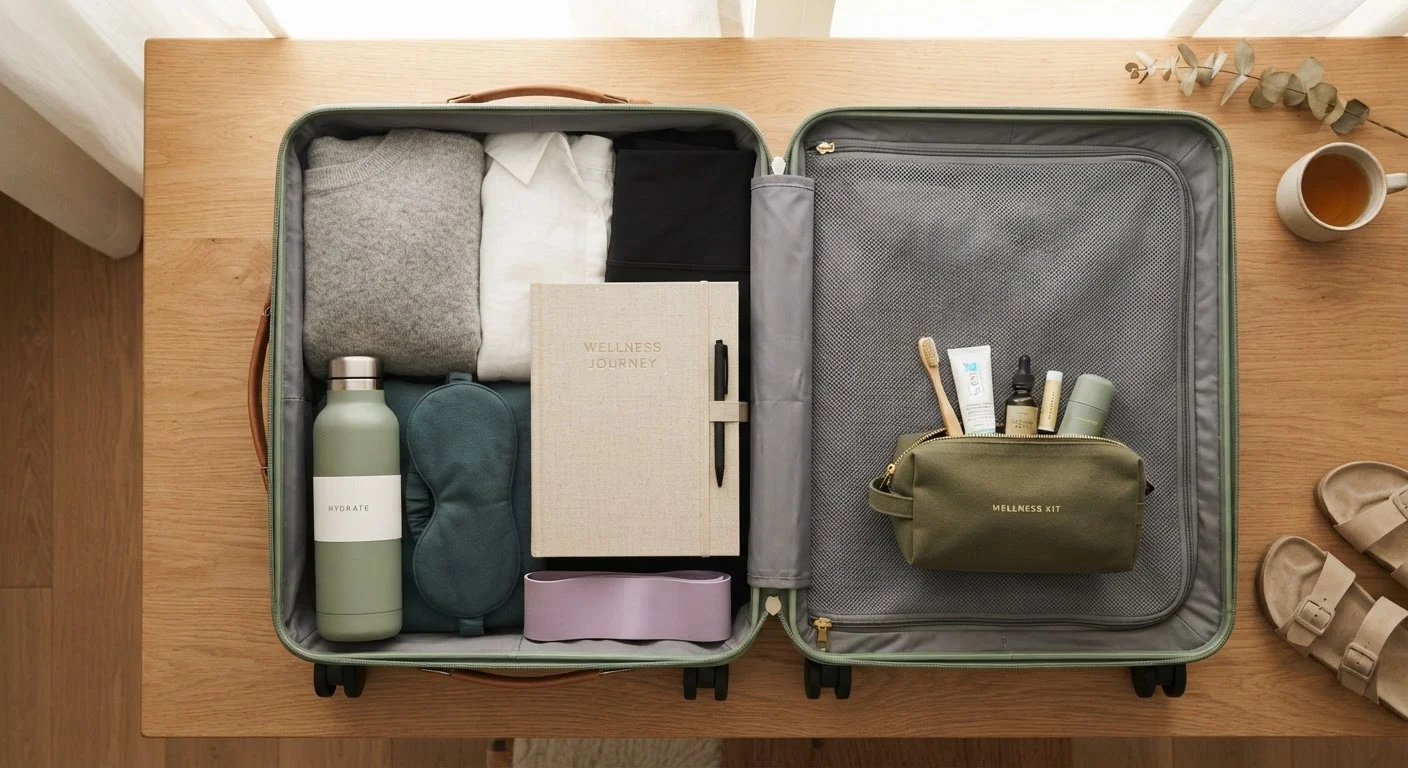 Open suitcase packed with wellness essentials including a journal, resistance band, and water bottle.