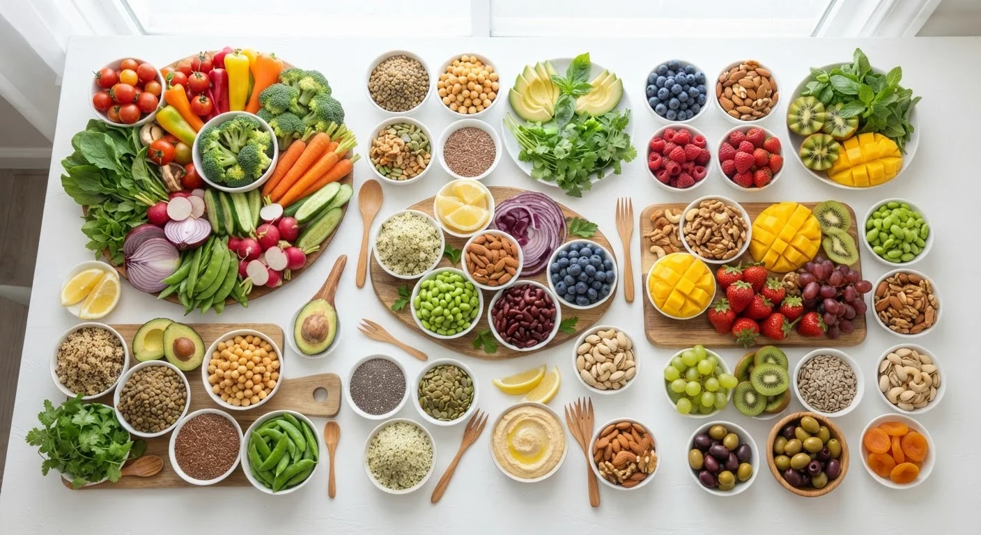 Colorful assortment of vegetables, legumes, nuts, seeds, and fruits arranged overhead on white surface