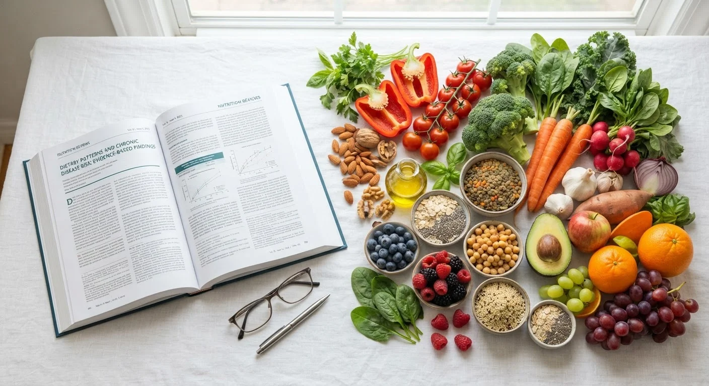 Colorful whole foods arranged beside an open scientific journal on a white surface.