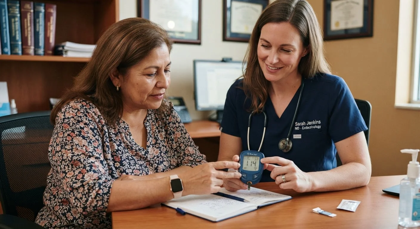 Healthcare provider reviewing blood glucose test results with a patient in a clinical setting