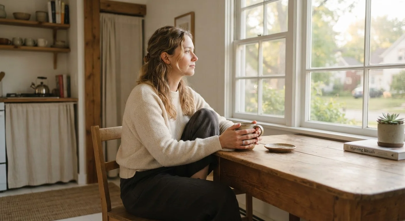 Person sitting quietly at a sunlit kitchen table, holding a mug and gazing out a window