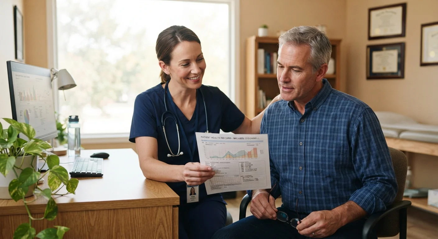 A patient and doctor reviewing a preventive care health plan together in a clinic