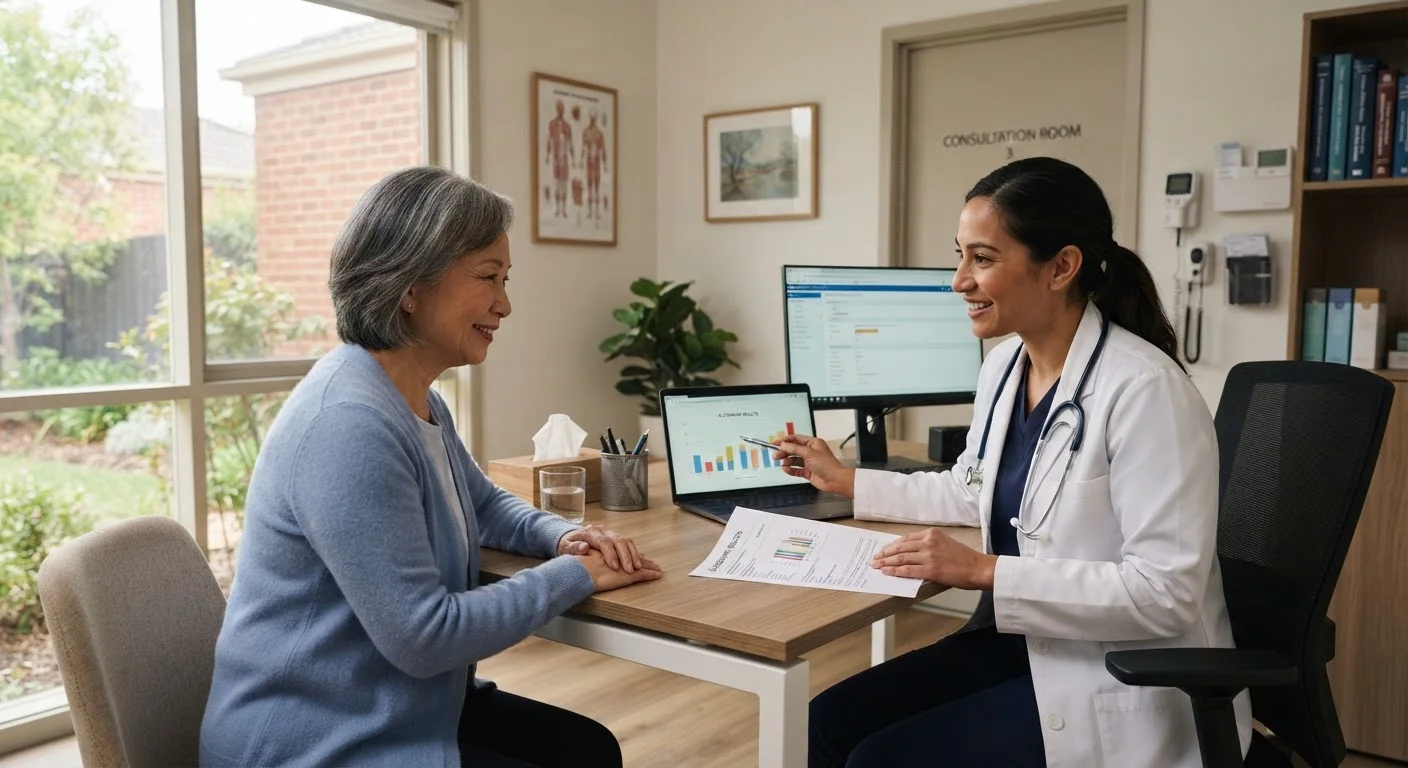 Healthcare professional reviewing preventive screening results with an adult patient in a modern clinic