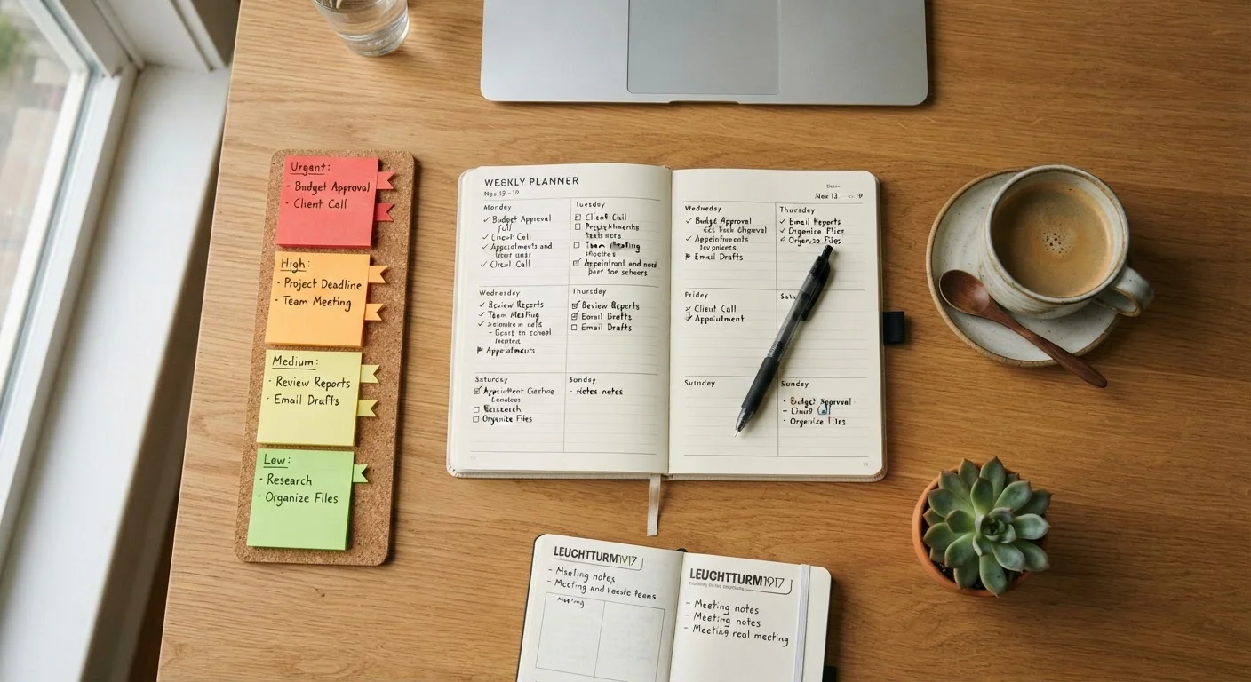 A neatly organized desk with a planner and color-coded sticky notes representing priority systems