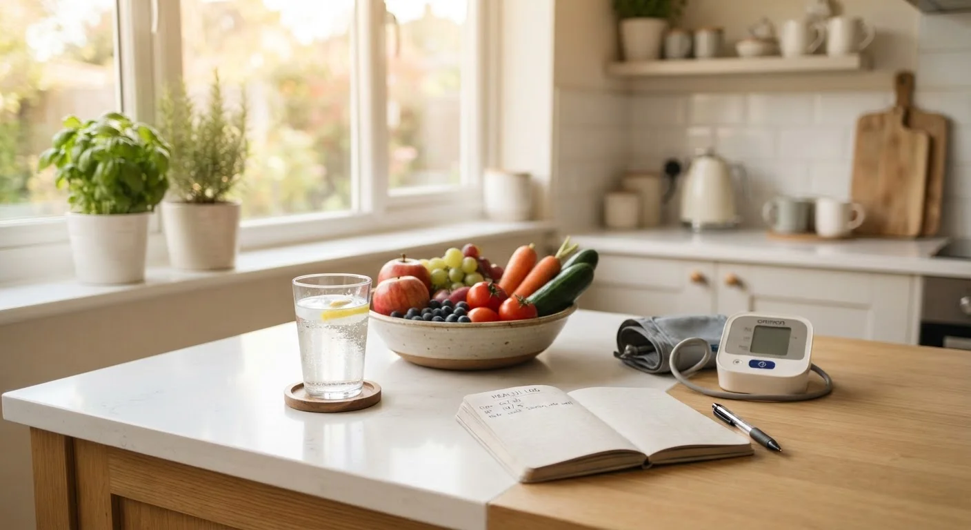 A kitchen counter with healthy food, a health log notebook, and a blood pressure cuff.