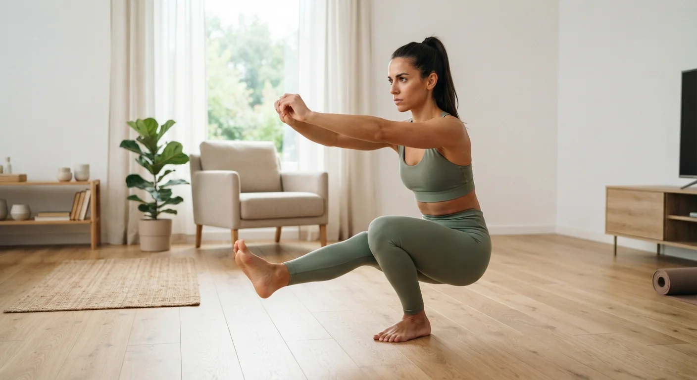 Person performing a single-leg bodyweight squat on a living room floor in natural light