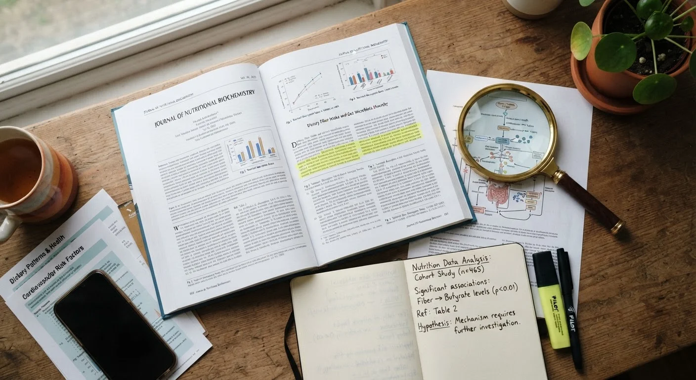 A researcher's desk with scientific journals, magnifying glass, and handwritten nutrition study notes