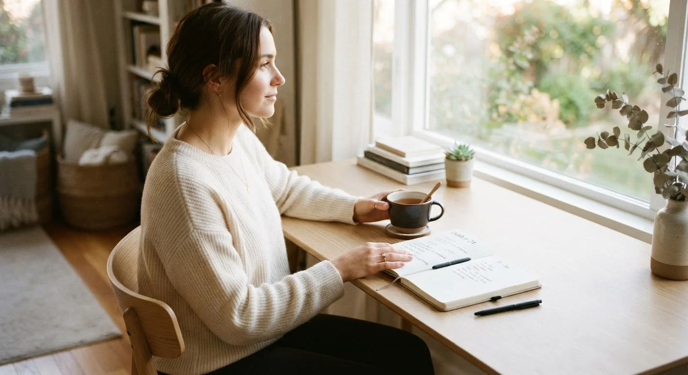 Person sitting at a tidy desk with a planner and cup of tea in soft morning light
