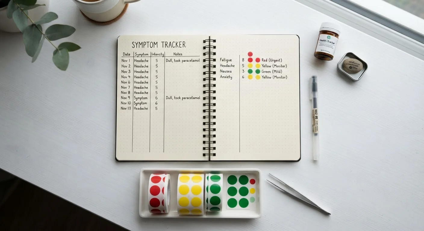 Red, yellow, and green sticker dots beside a health journal on a white desk