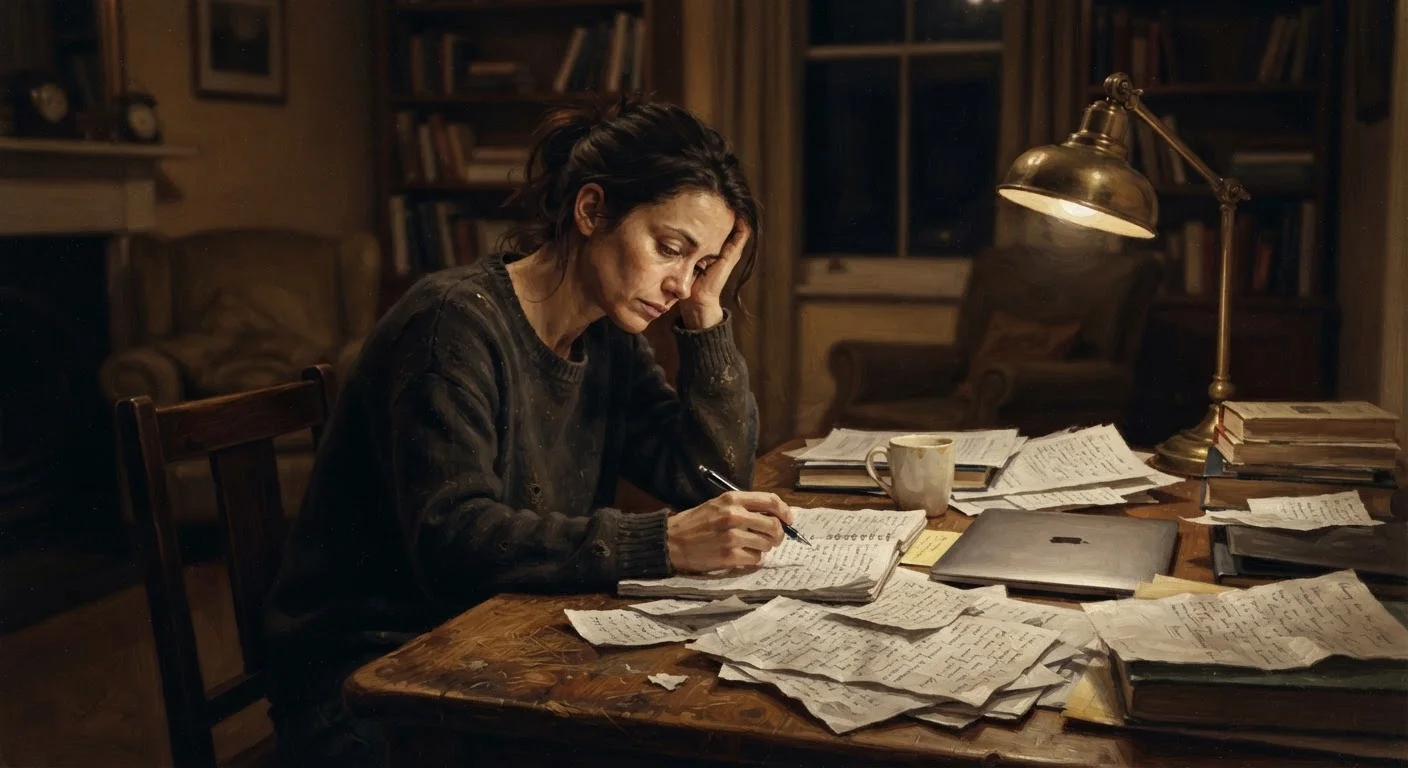 A person sitting alone at a desk looking tired and introspective, surrounded by papers