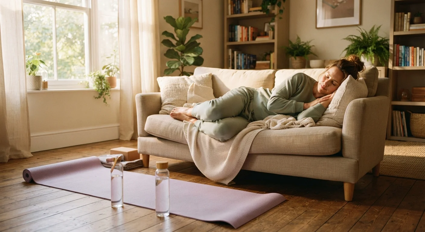 Person resting comfortably at home after a workout session, embodying intentional recovery