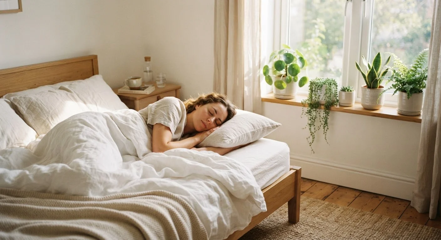 Person resting peacefully in a bright, calm bedroom with soft morning light
