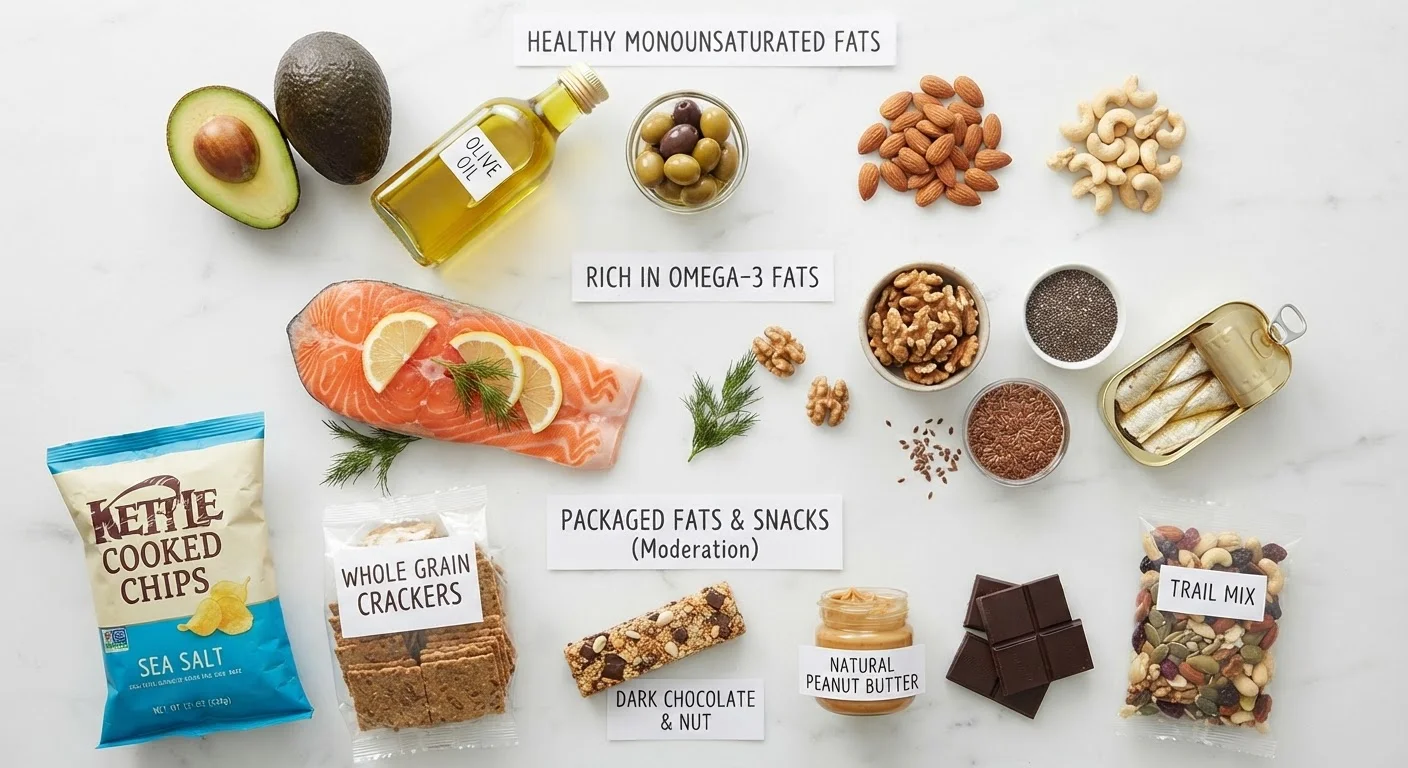 Assortment of foods representing saturated, unsaturated, and trans fat sources arranged on a white surface