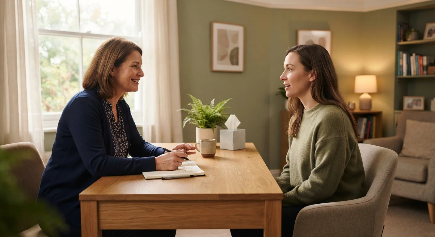A patient and healthcare provider having a calm, supportive conversation in a clinical office setting