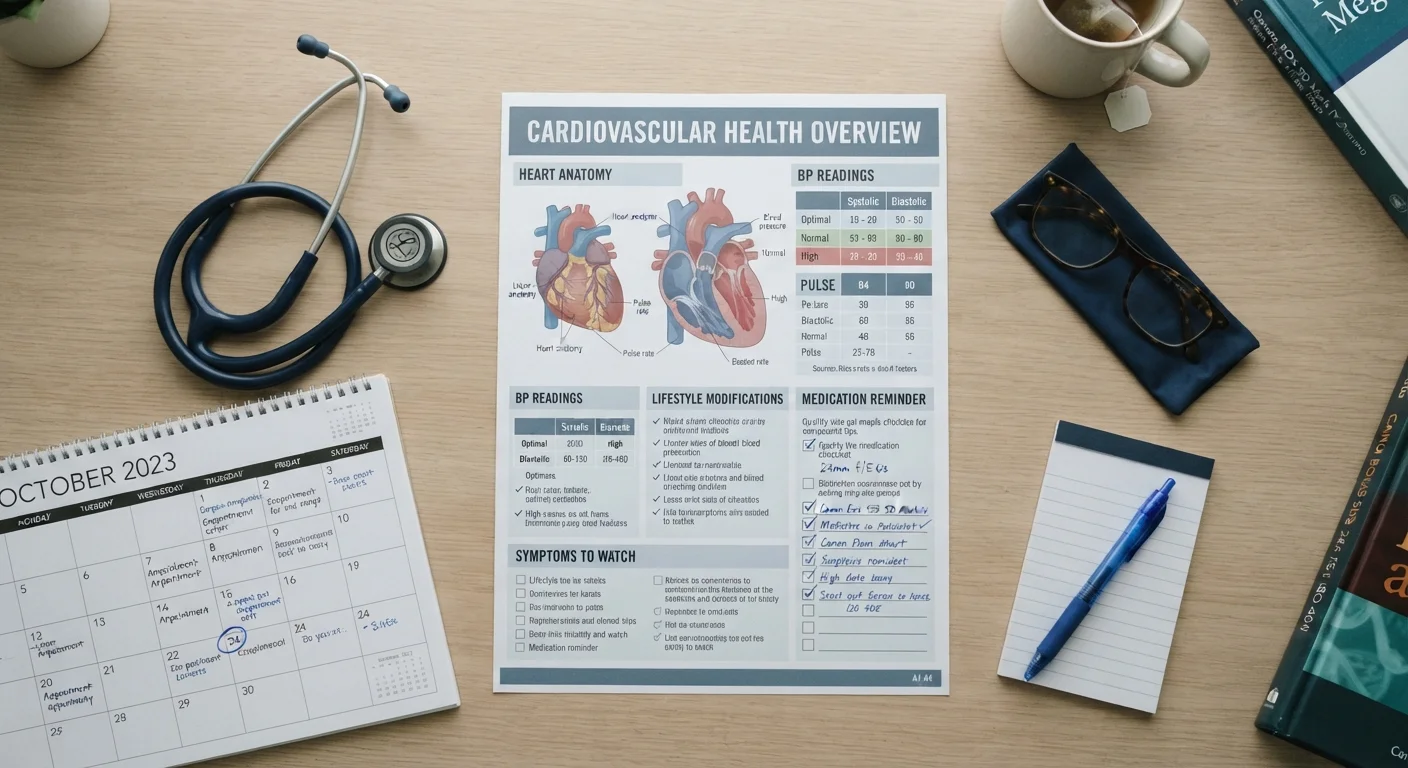 A medical reference chart alongside a stethoscope, calendar, and reading glasses on a desk