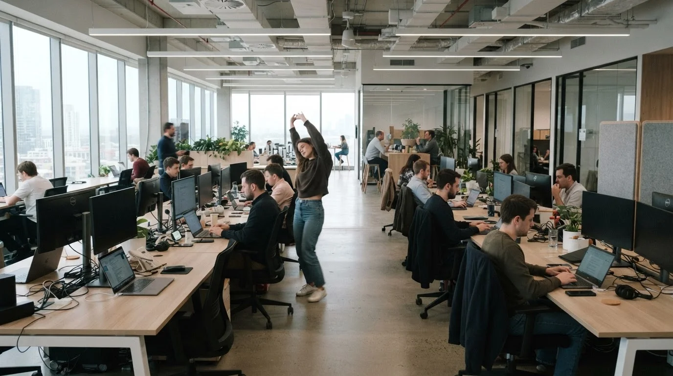 Office worker standing and stretching in an aisle between seated colleagues at desks