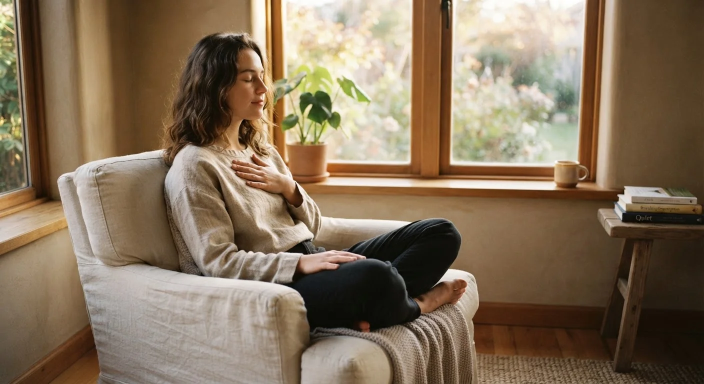 Person sitting by a sunlit window with hand on chest in calm self-reflection