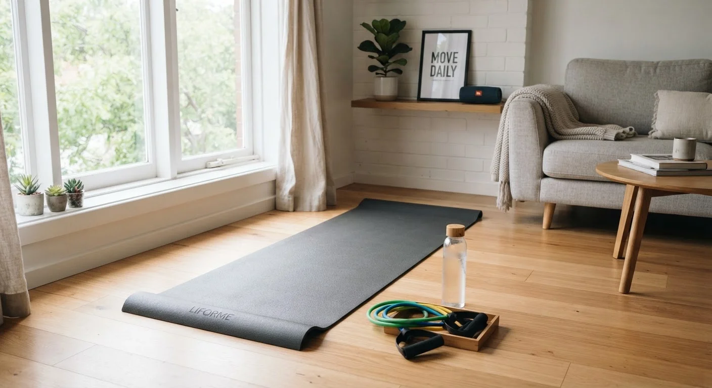 A small but organized home workout space with a yoga mat and resistance bands in a living room