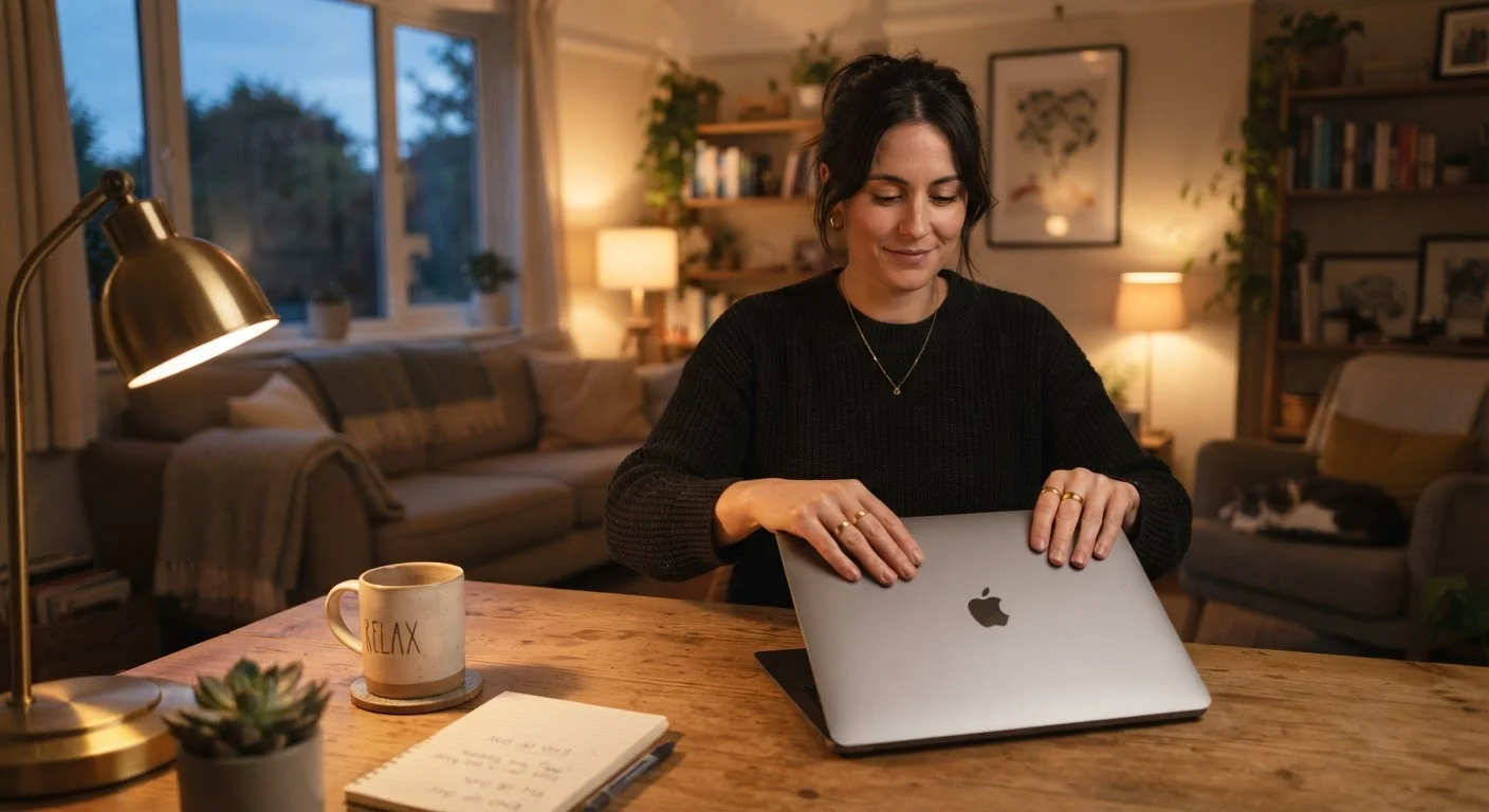 Person deliberately closing a laptop at a home desk as evening light fills the room