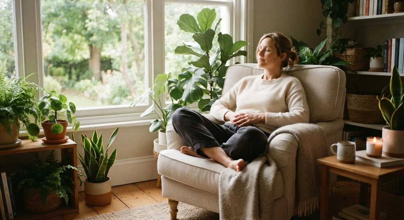 A person resting quietly in a sunlit armchair, eyes closed, surrounded by plants
