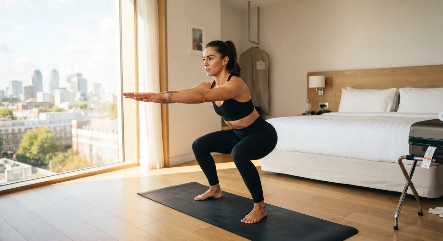 A person performing a bodyweight squat workout in a bright, minimalist hotel room