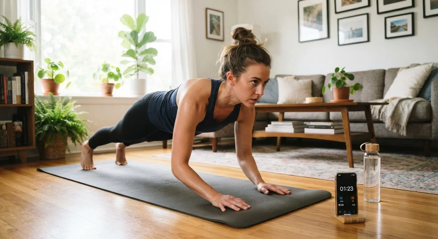 Person performing a focused bodyweight workout at home with a timer on their phone nearby