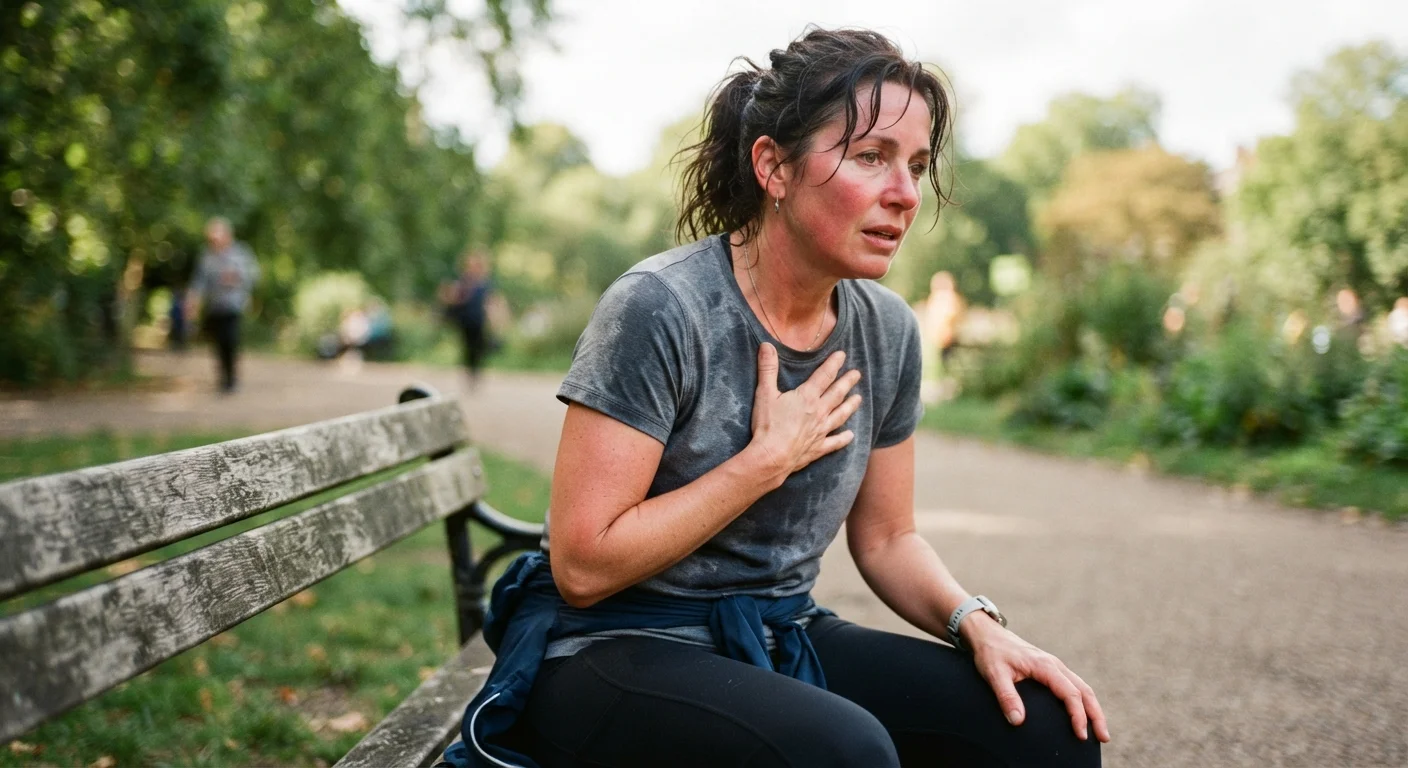 Adult sitting on a bench with hand on chest after experiencing shortness of breath outdoors