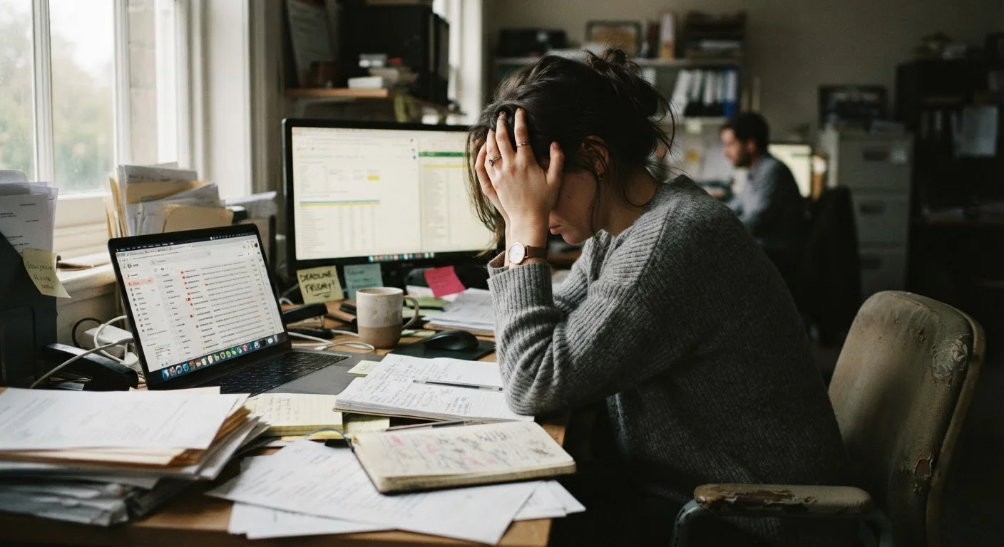 Exhausted adult at a desk surrounded by work notifications, looking drained and overwhelmed
