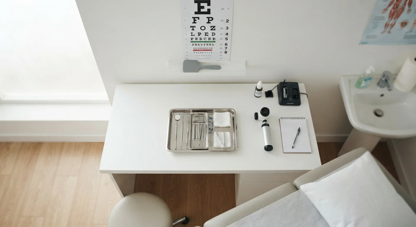 Eye chart, dental instruments, and dermatoscope arranged together in a clinical examination room setting.