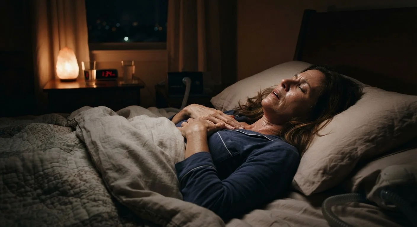 Adult sleeping in a dimly lit bedroom, representing disrupted sleep from sleep apnoea