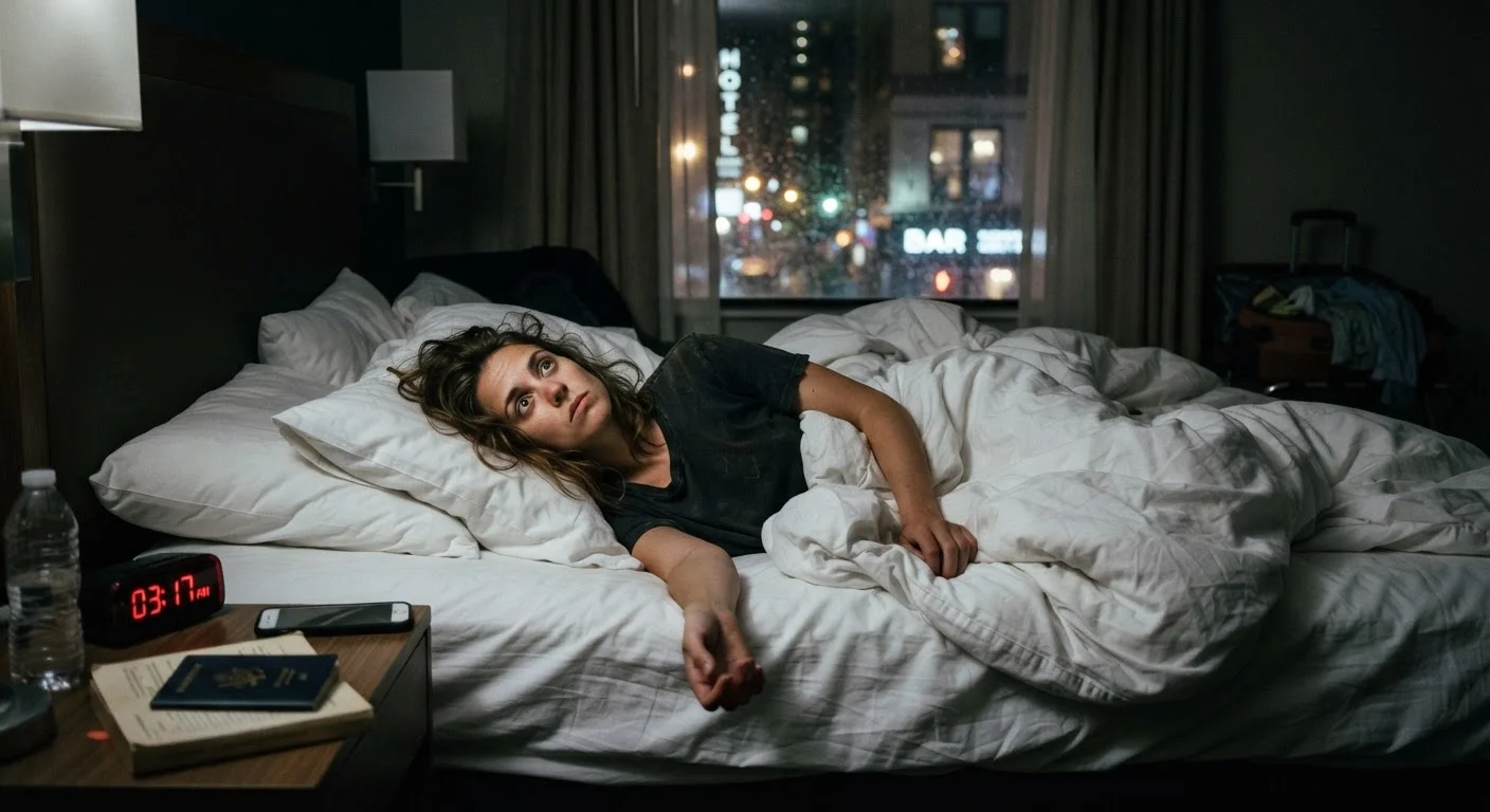 A traveler lying awake in a dark hotel room with city lights filtering through curtains