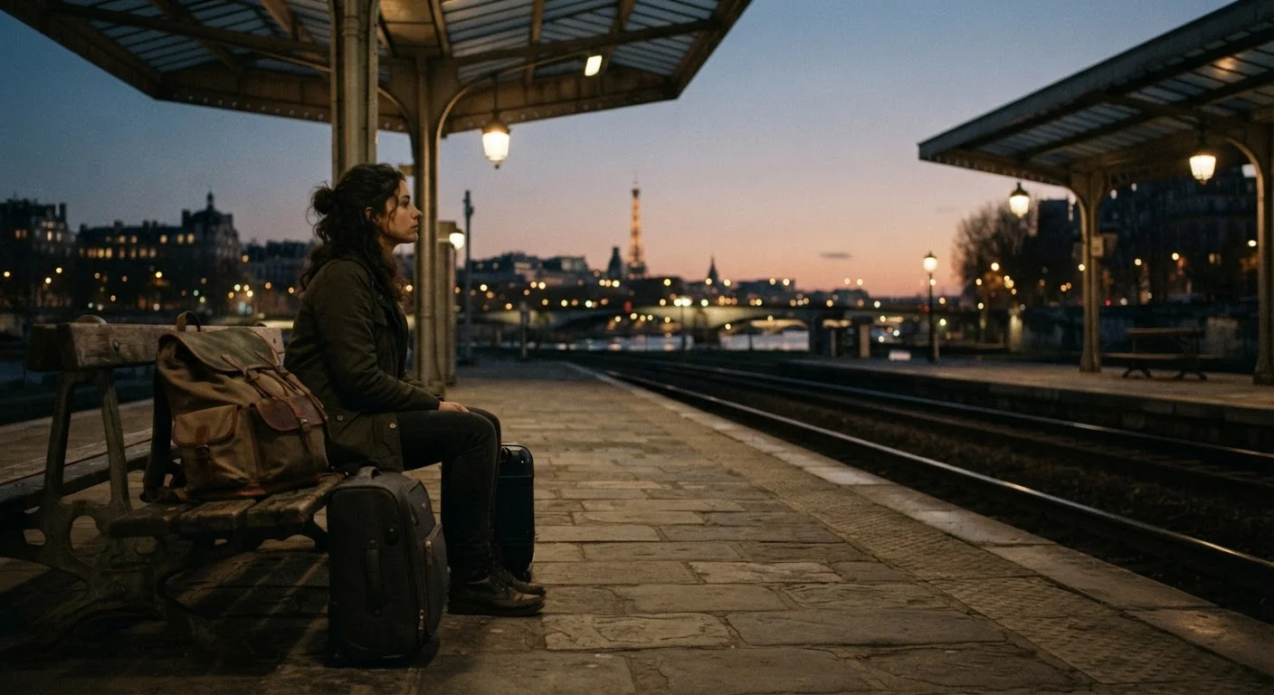 Solo traveler sitting alone on a train platform at dusk, looking into the distance